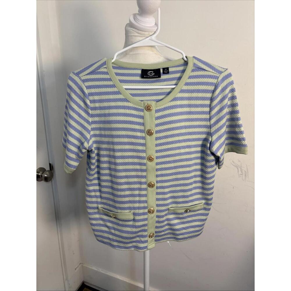 G By  Giuliana Striped Ribbed Knit Short Sleeve Cardigan - 891-946 ‎ XS New